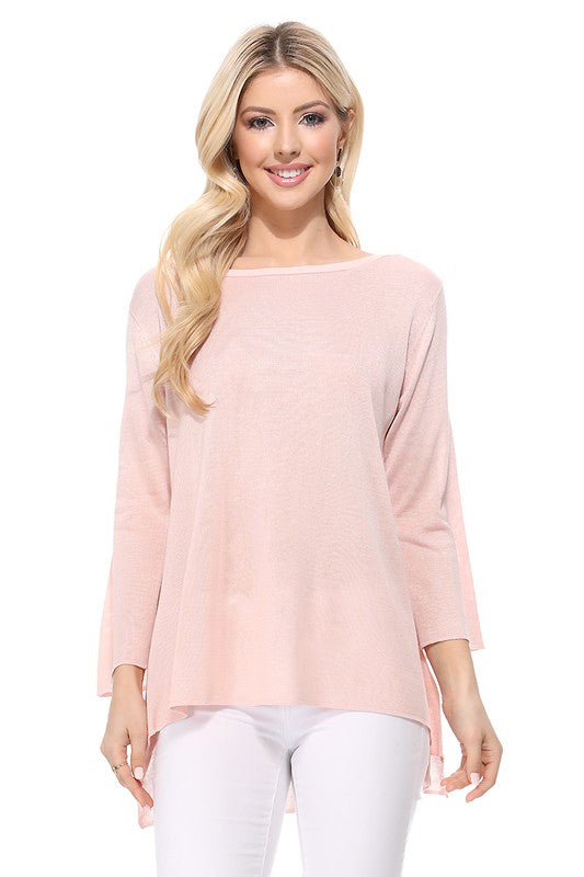 Semi See-through Boat neck Hi-Low Knit Top-Charmful Clothing Boutique