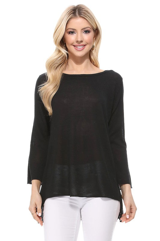 Semi See-through Boat neck Hi-Low Knit Top-Charmful Clothing Boutique