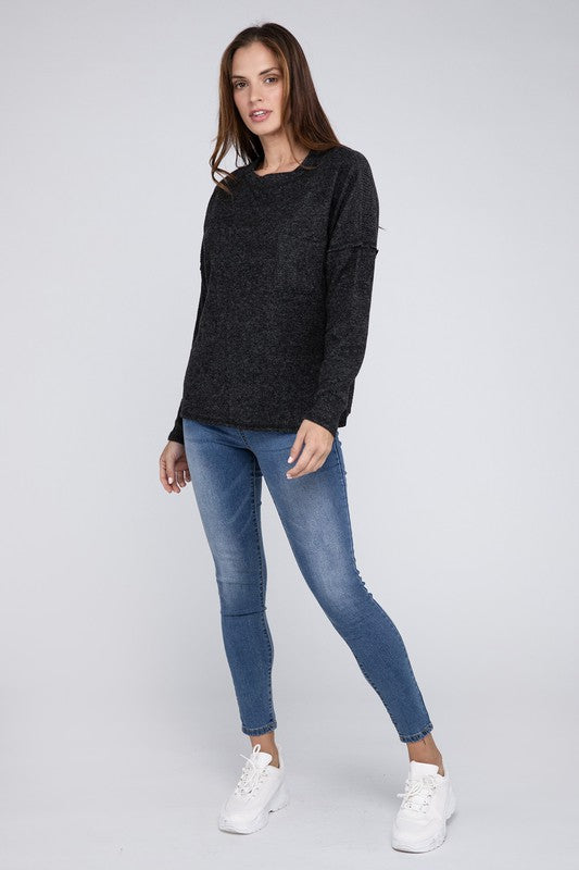 Ribbed Brushed Melange Hacci Sweater with a Pocket-Charmful Clothing Boutique