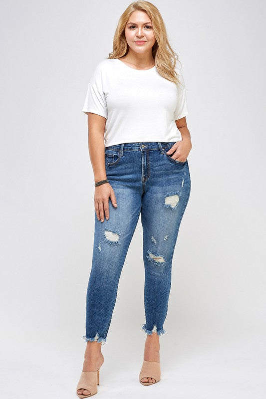 PLUS SIZE HIGH RISE DISTRESSED ANKLE SKINNY-Charmful Clothing Boutique