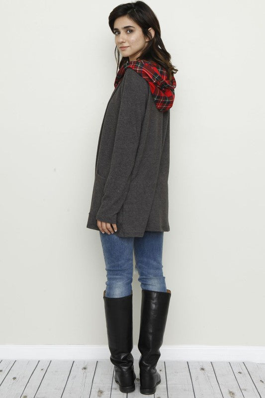 Plus Hooded plaid Trimmed Cardigan-Charmful Clothing Boutique