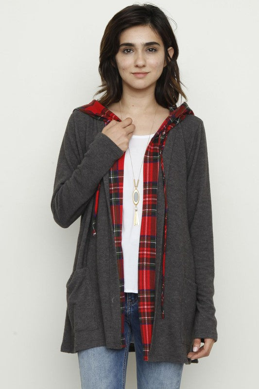 Plus Hooded plaid Trimmed Cardigan-Charmful Clothing Boutique