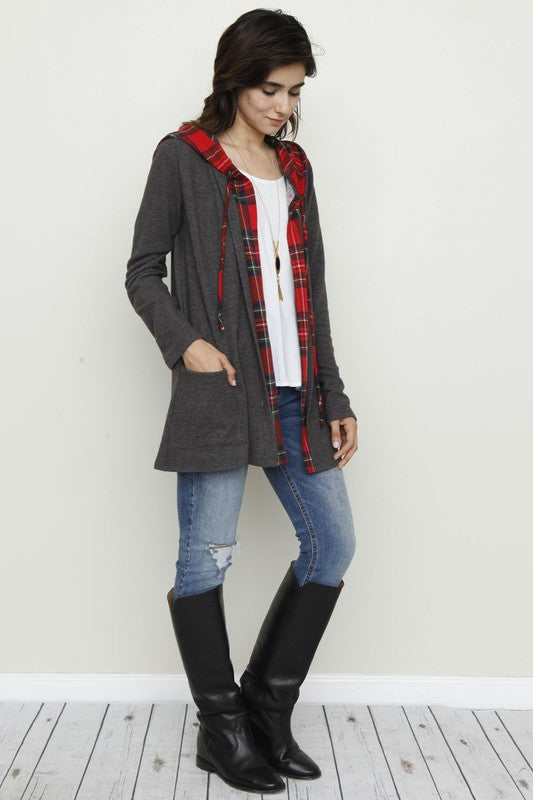 Plus Hooded plaid Trimmed Cardigan-Charmful Clothing Boutique