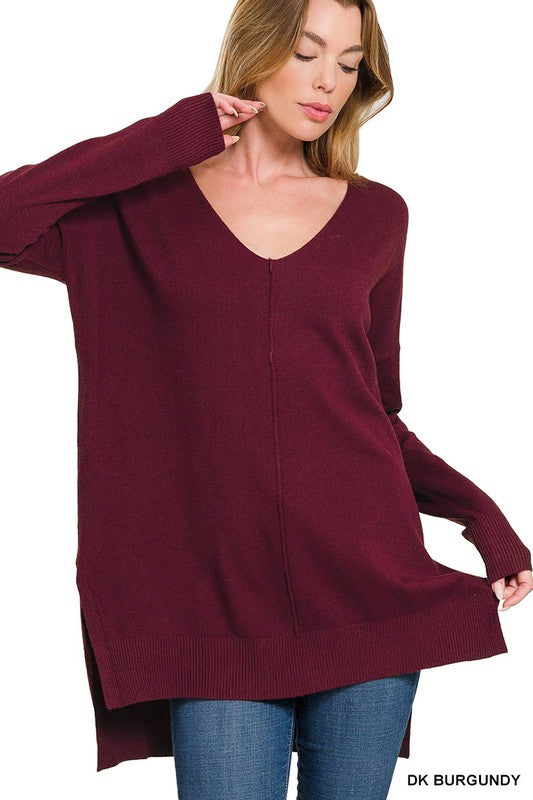 Hi-Low Hem V-Neck Center Seam Sweater-Charmful Clothing Boutique