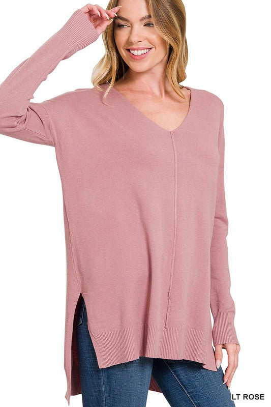 Hi-Low Hem V-Neck Center Seam Sweater-Charmful Clothing Boutique