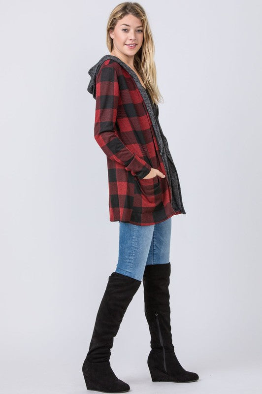 Buffalo Plaid Hooded Cardigan-Charmful Clothing Boutique