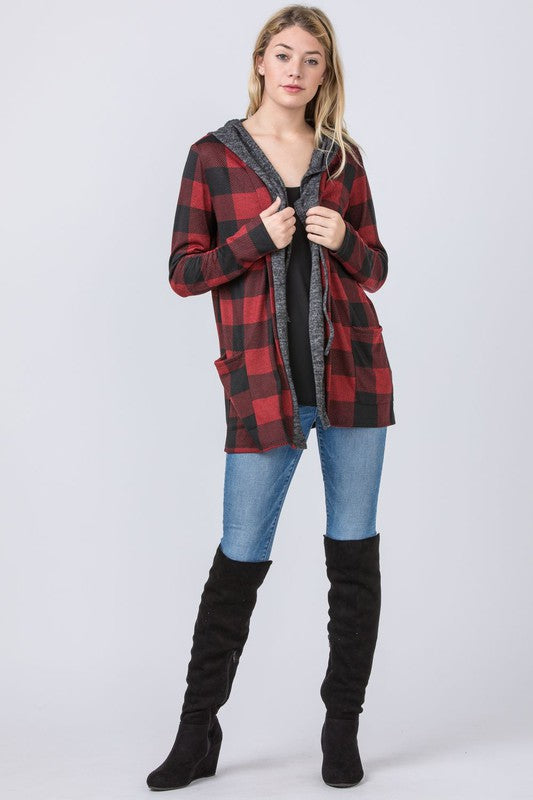 Buffalo Plaid Hooded Cardigan-Charmful Clothing Boutique