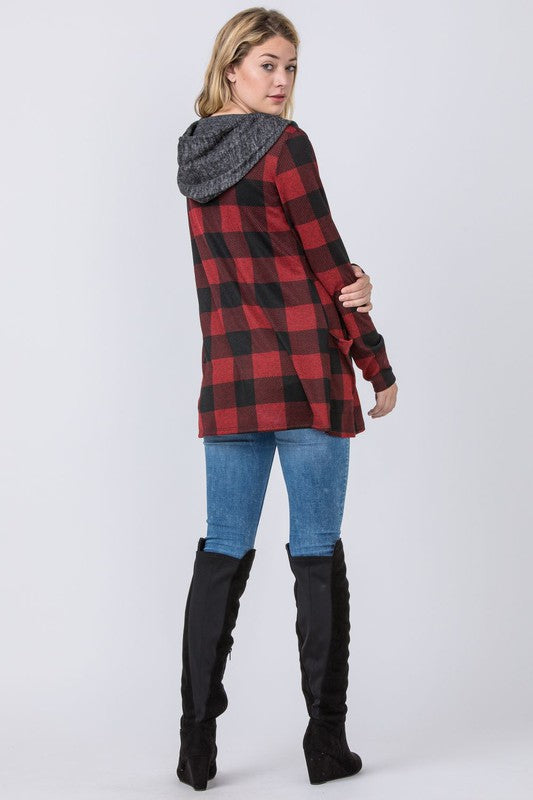 Buffalo Plaid Hooded Cardigan-Charmful Clothing Boutique