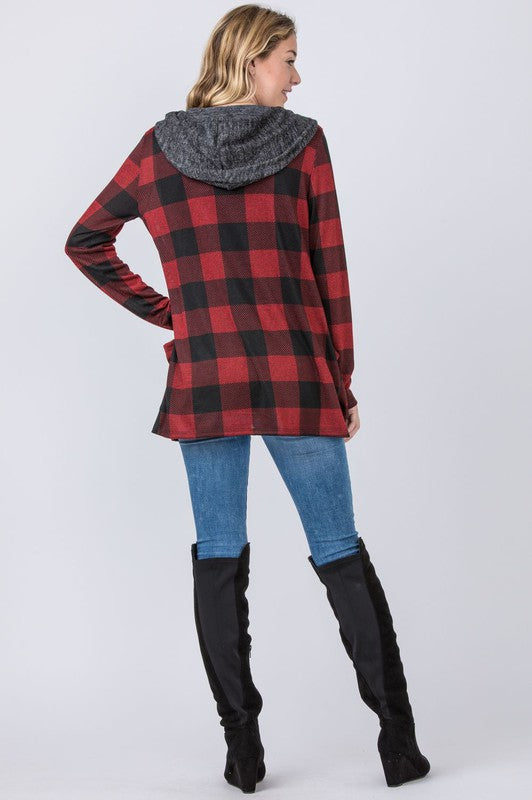 Buffalo Plaid Hooded Cardigan-Charmful Clothing Boutique