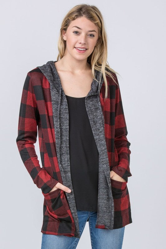 Plaid Checker Print Cardigan with Hoodie-Charmful Clothing Boutique