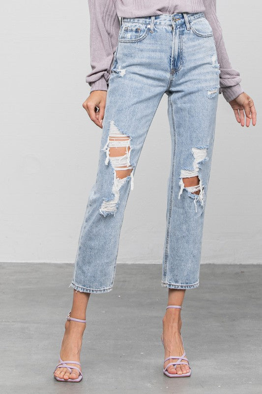 High Rise Ripped Girlfriend Jeans-Charmful Clothing Boutique