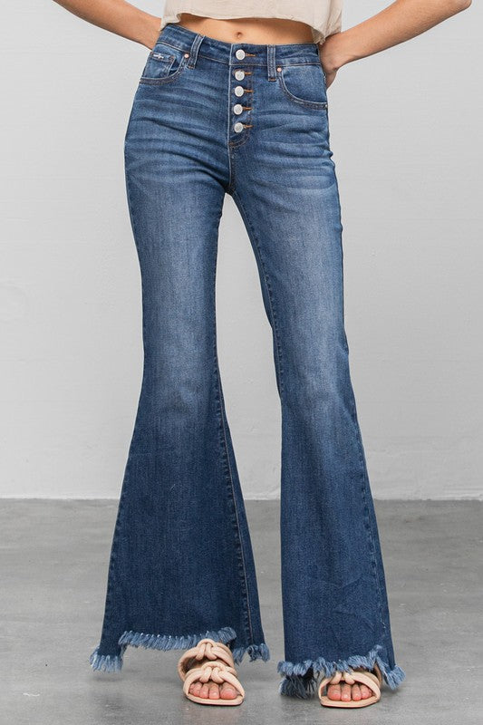 BUTTON DOWN WIDE FLARE JEANS-Charmful Clothing Boutique