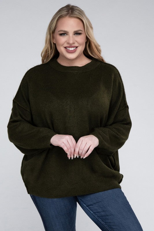 Plus Oversized Round Neck Raw Seam Melange Sweater-Charmful Clothing Boutique