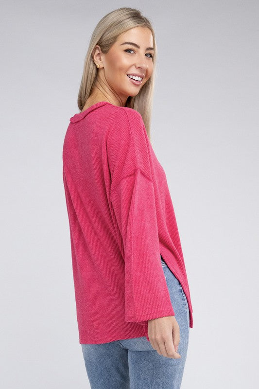 Ribbed Brushed Melange Hacci Henley Sweater-Charmful Clothing Boutique