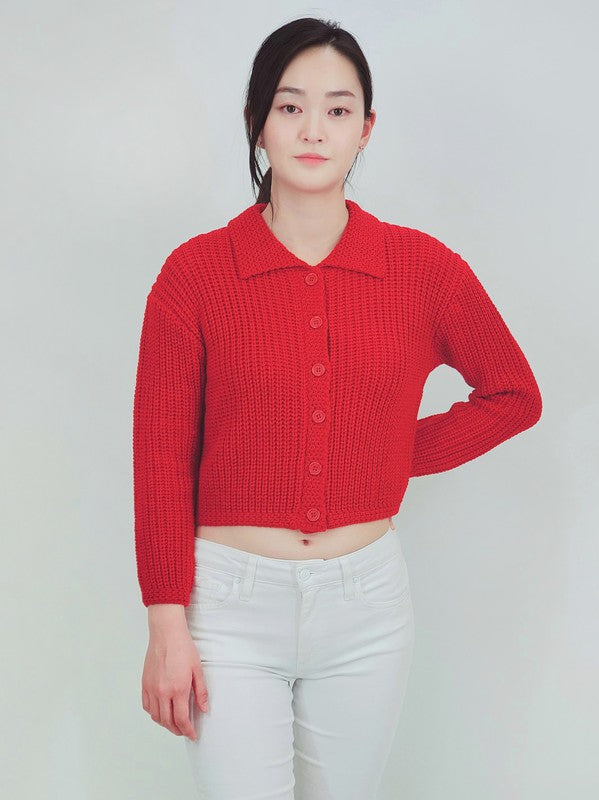 Button Down Vintage Crop Sweater Cardigan w/Collar-Charmful Clothing Boutique