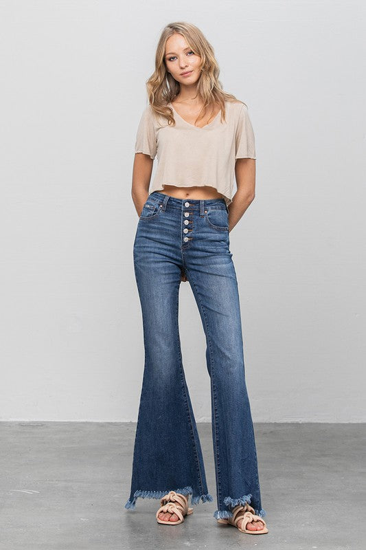 BUTTON DOWN WIDE FLARE JEANS-Charmful Clothing Boutique