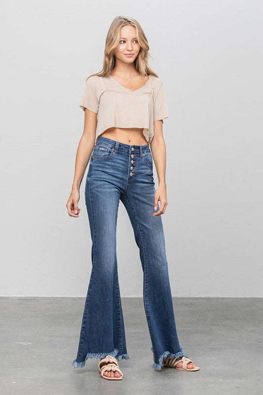 BUTTON DOWN WIDE FLARE JEANS-Charmful Clothing Boutique