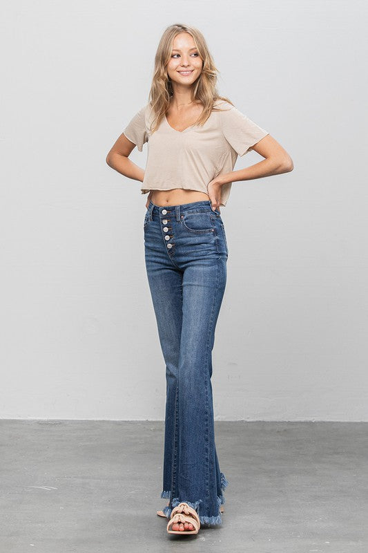 BUTTON DOWN WIDE FLARE JEANS-Charmful Clothing Boutique