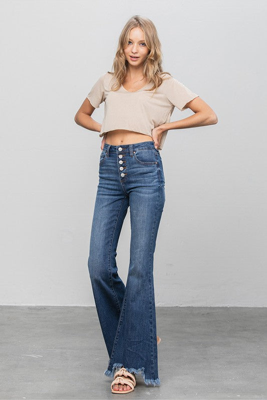 BUTTON DOWN WIDE FLARE JEANS-Charmful Clothing Boutique