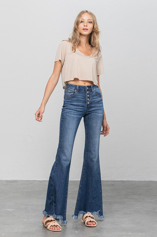 BUTTON DOWN WIDE FLARE JEANS-Charmful Clothing Boutique