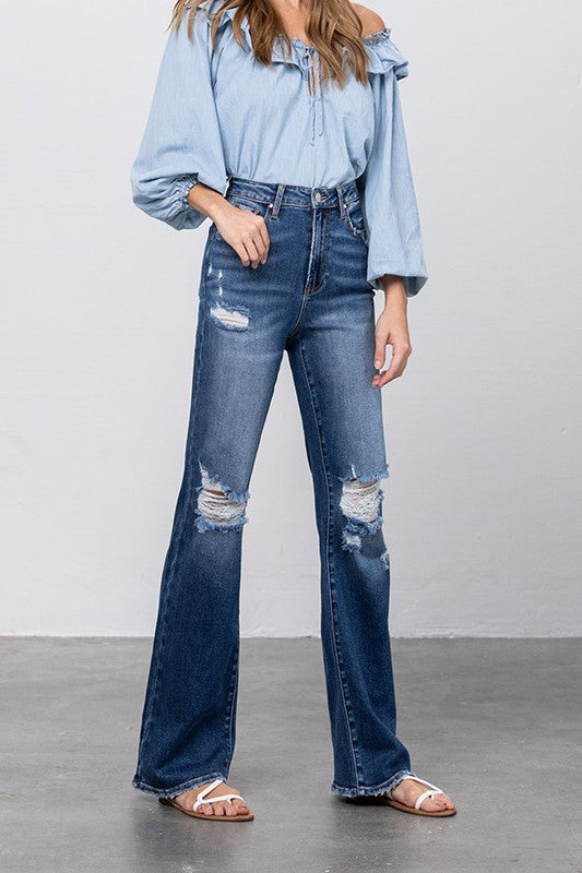 High Waist Ripped Flare Jeans-Charmful Clothing Boutique