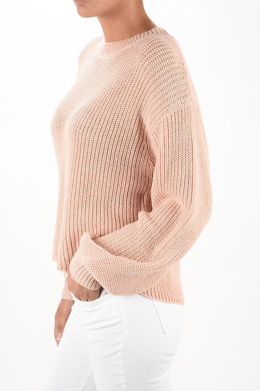 Puff Bell Sleeve Waffle Knit Pullover Sweater Top-Charmful Clothing Boutique