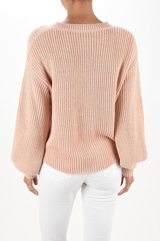 Puff Bell Sleeve Waffle Knit Pullover Sweater Top-Charmful Clothing Boutique