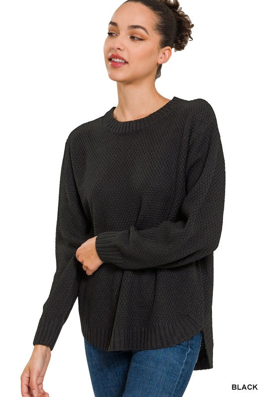 Hi-Low Long Sleeve Round Neck Sweater-Charmful Clothing Boutique