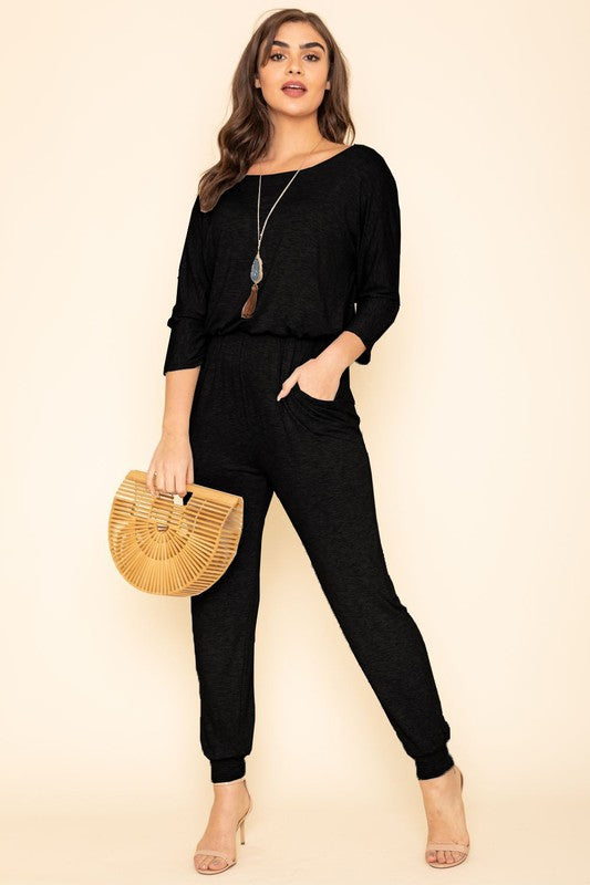 Quarter Sleeve Boat Neck Blouson Jumpsuit-Charmful Clothing Boutique