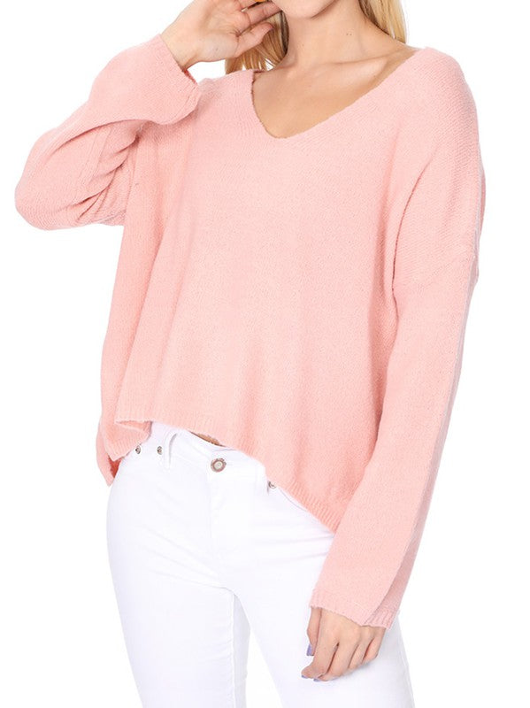 Wide V-Neck Oversized Sweater Top w. Side Slit-Charmful Clothing Boutique