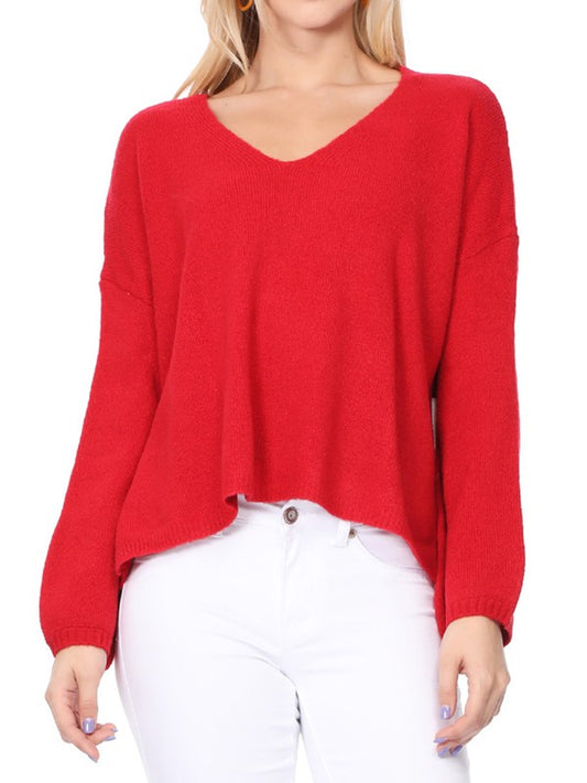 Wide V-Neck Oversized Sweater Top w. Side Slit-Charmful Clothing Boutique