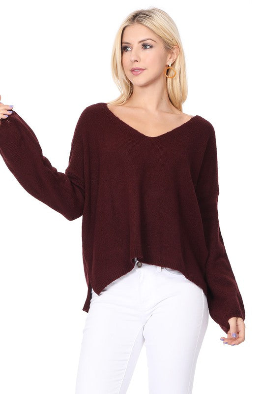 Wide V-Neck Oversized Sweater Top w. Side Slit-Charmful Clothing Boutique