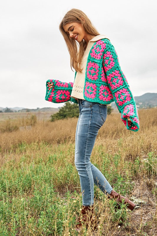 Two-Tone Floral Square Crochet Open Knit Cardigan-Charmful Clothing Boutique