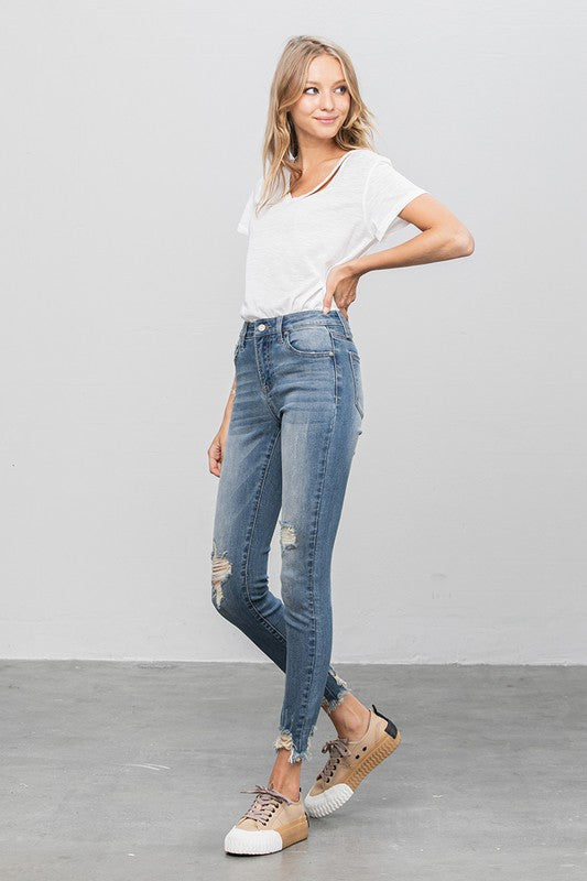 HIGH STRETCH MID RISE SKINNY JEANS-Charmful Clothing Boutique