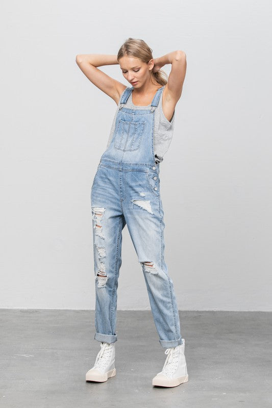 Patch Pocket Ripped Denim Overalls-Charmful Clothing Boutique