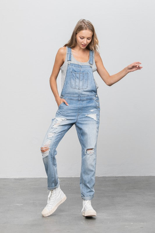Patch Pocket Ripped Denim Overalls-Charmful Clothing Boutique