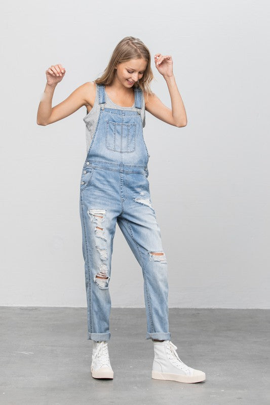 Patch Pocket Ripped Denim Overalls-Charmful Clothing Boutique