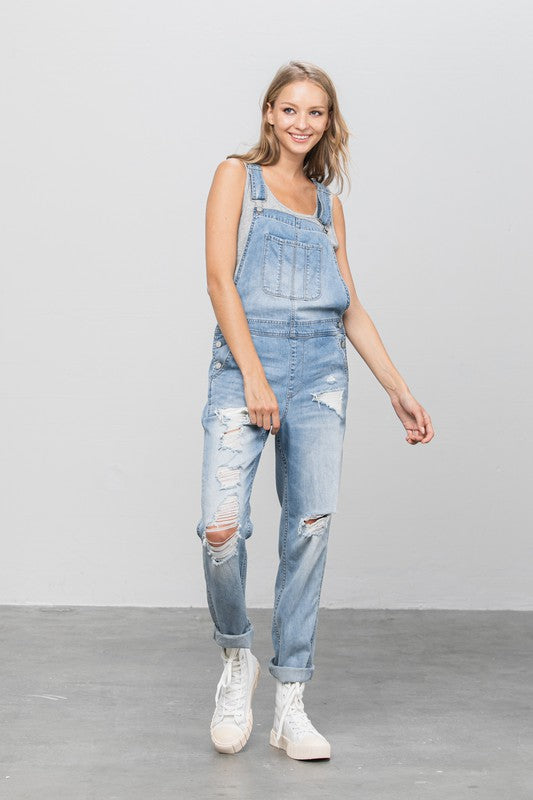 Patch Pocket Ripped Denim Overalls-Charmful Clothing Boutique