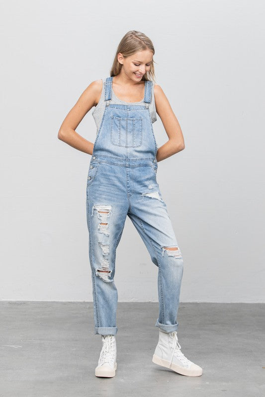 Patch Pocket Ripped Denim Overalls-Charmful Clothing Boutique