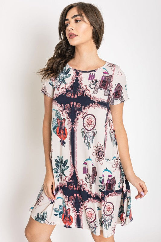 Plus Dream Catcher Print Shift Dress-Charmful Clothing Boutique