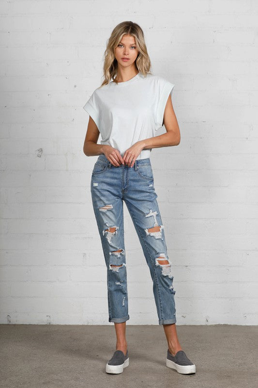 Mid Rise Heavy Destroyed Jeans-Charmful Clothing Boutique