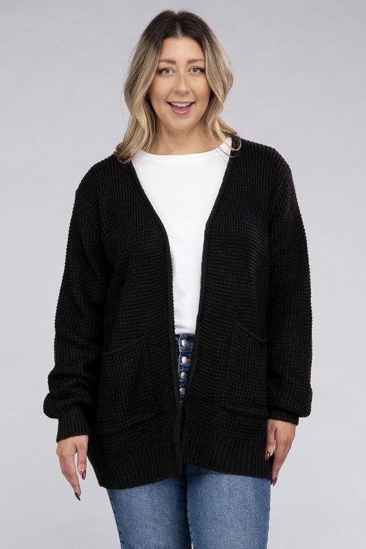 Plus Low Gauge Waffle Open Cardigan Sweater-Charmful Clothing Boutique