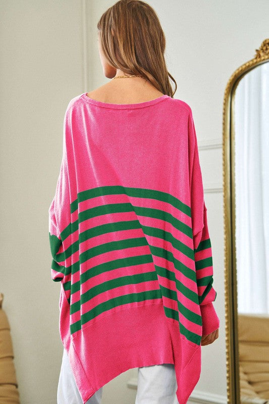 Multi Striped Elbow Patch Loose Fit Sweater Top-Charmful Clothing Boutique