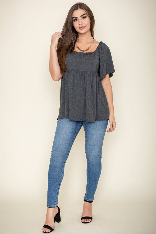 Solid Square Neck Babydoll Tunic-Charmful Clothing Boutique