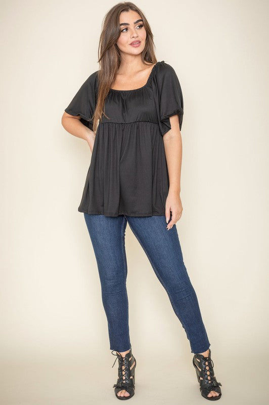 Solid Square Neck Babydoll Tunic-Charmful Clothing Boutique