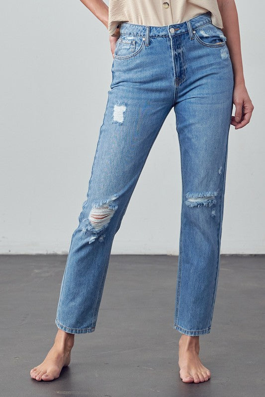 High Rise Distressed Straight Jeans-Charmful Clothing Boutique