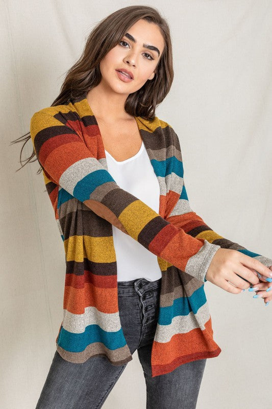 Stripe Elbow Patch Cardigan-Charmful Clothing Boutique