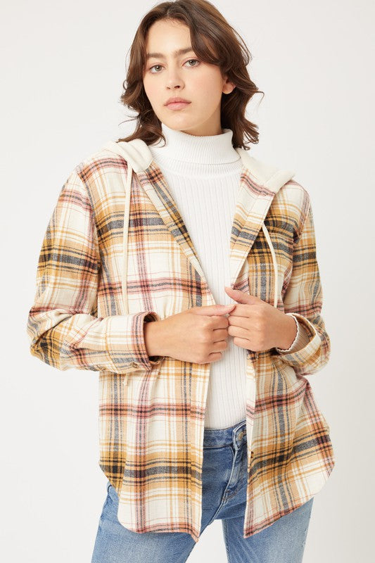 Plaid Flannel Button Up Shacket with Hood-Charmful Clothing Boutique