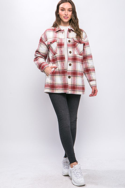 Plaid Button Up Jacket with Sherpa Lining-Charmful Clothing Boutique