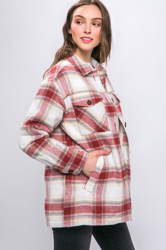 Plaid Button Up Jacket with Sherpa Lining-Charmful Clothing Boutique